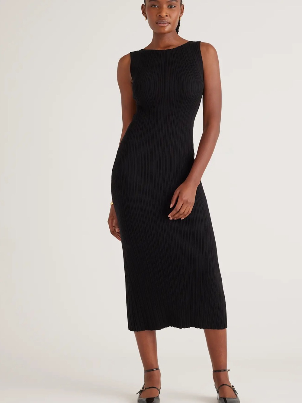 Quince Cotton Cashmere Ribbed Sleeveless Midi Dress black medium